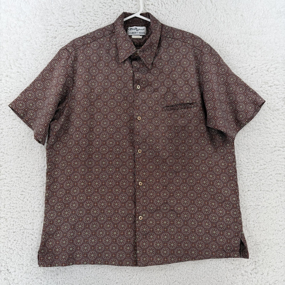Vintage Tori Richard Shirt Mens Medium Brown Geometric 70s Polyester Disco Y2K